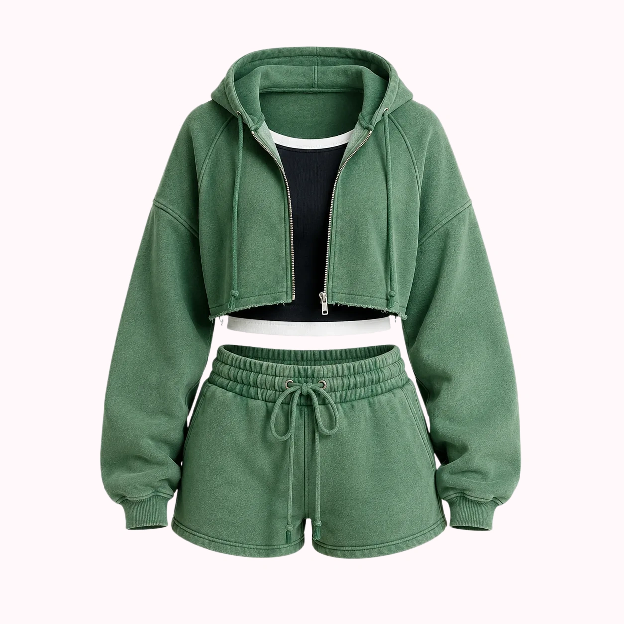Green Cropped Hoodie Shorts Set