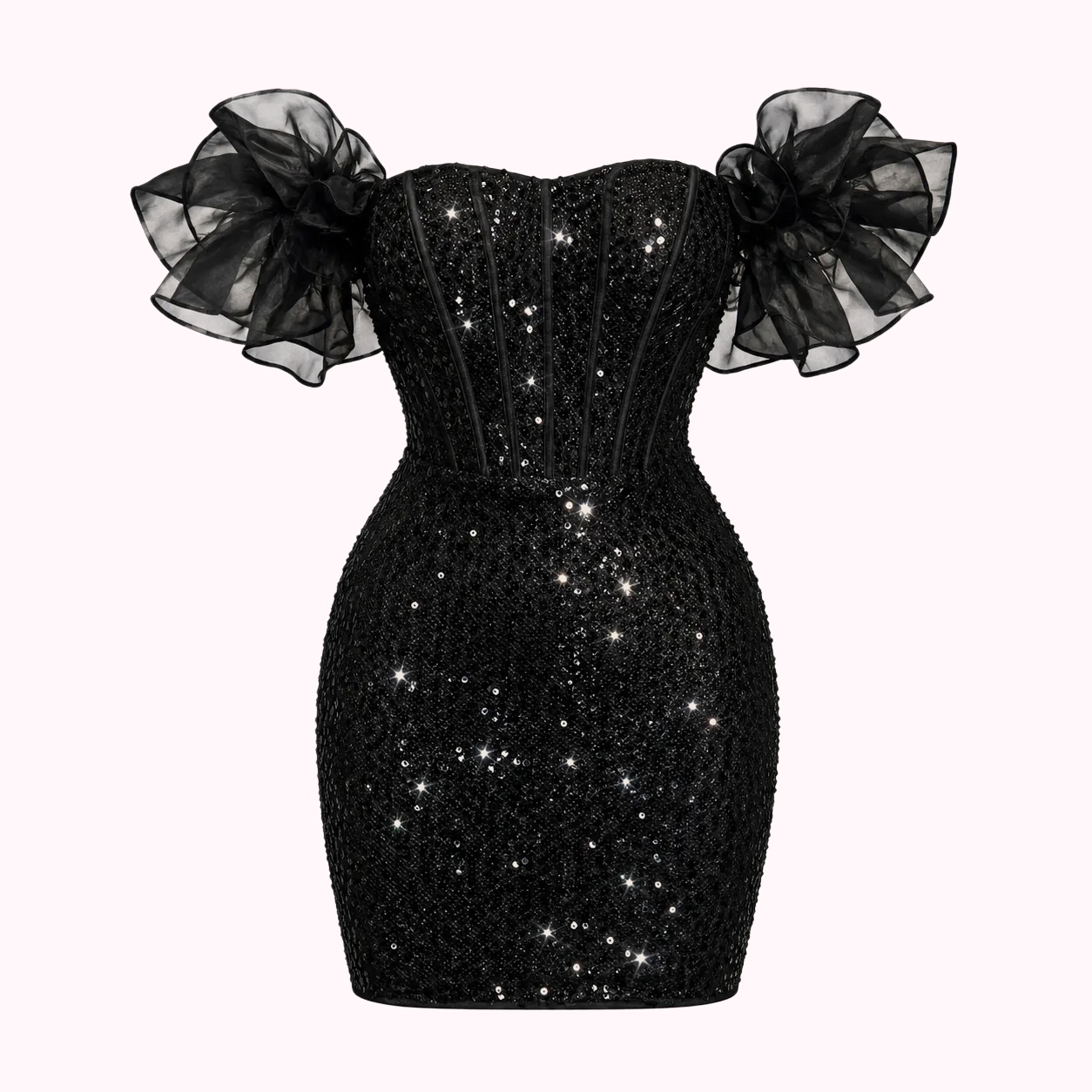 Black Sequin Puff-Sleeve Dress