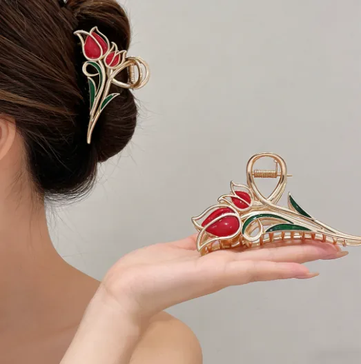 Red Blossom Hair Claw · Worn View