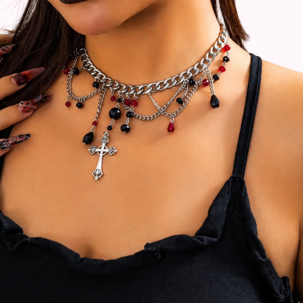 Black Beaded Cross Necklace