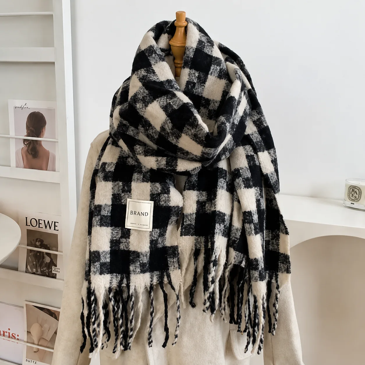 Black Check Fringe Scarf