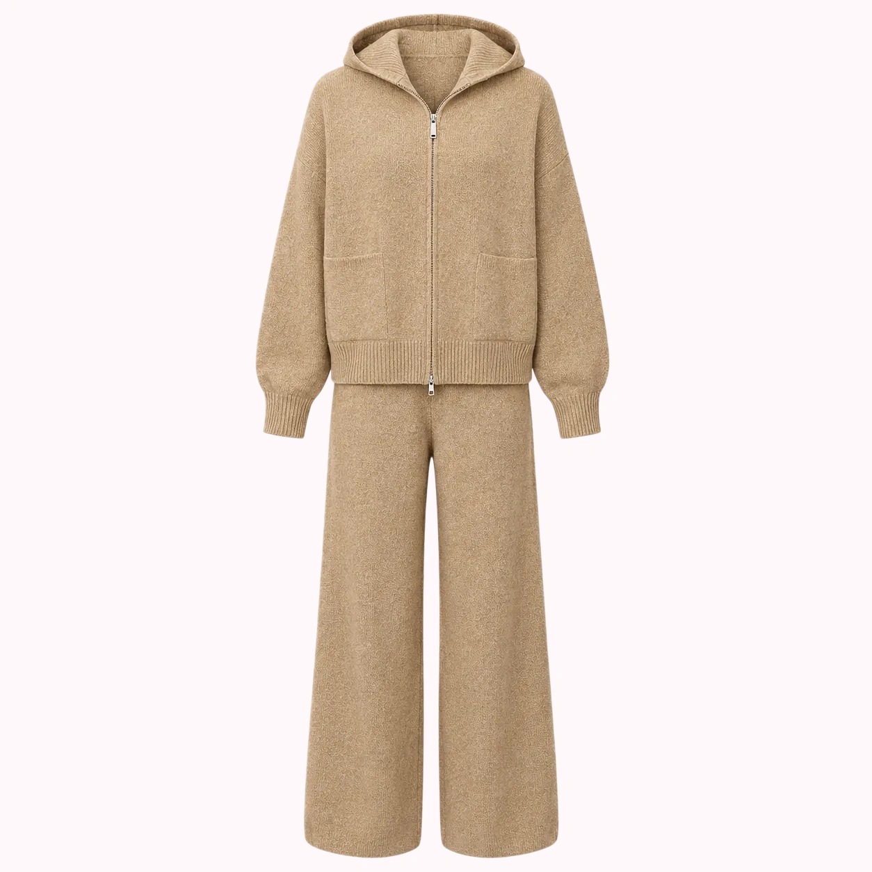 Beige Hooded Knit Lounge Set