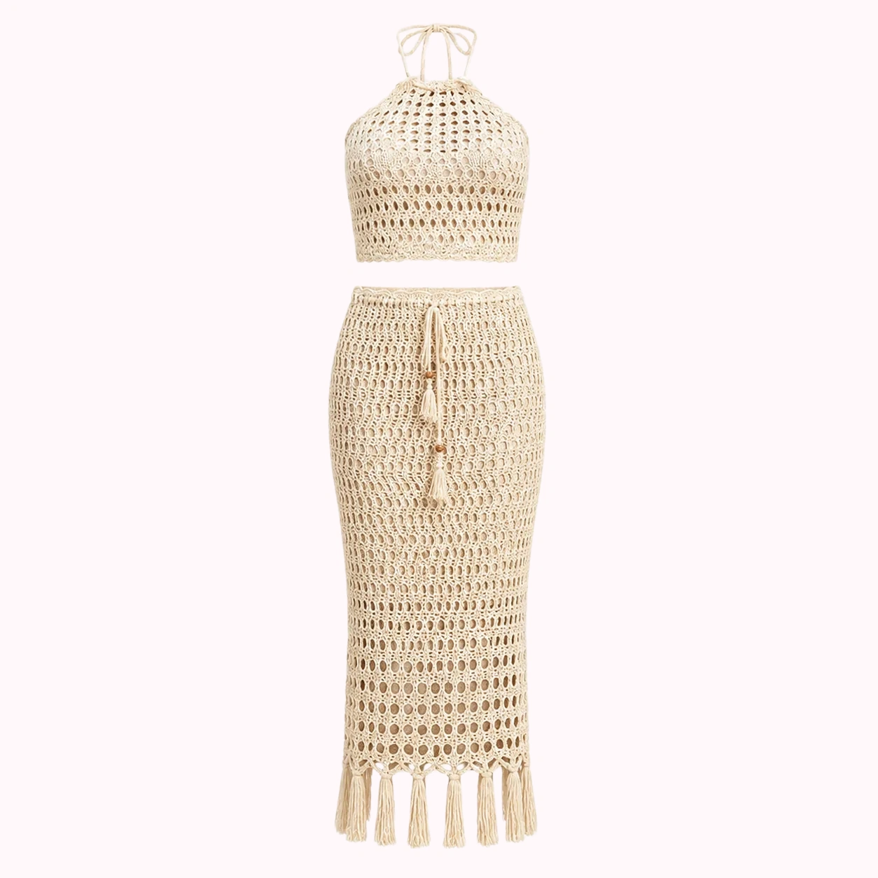 Natural Crochet Halter Knit Maxi Set