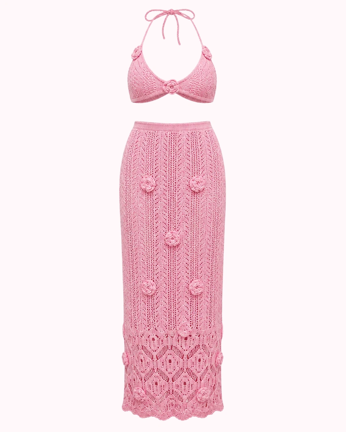 Pink Crochet Halter Knit Skirt Set