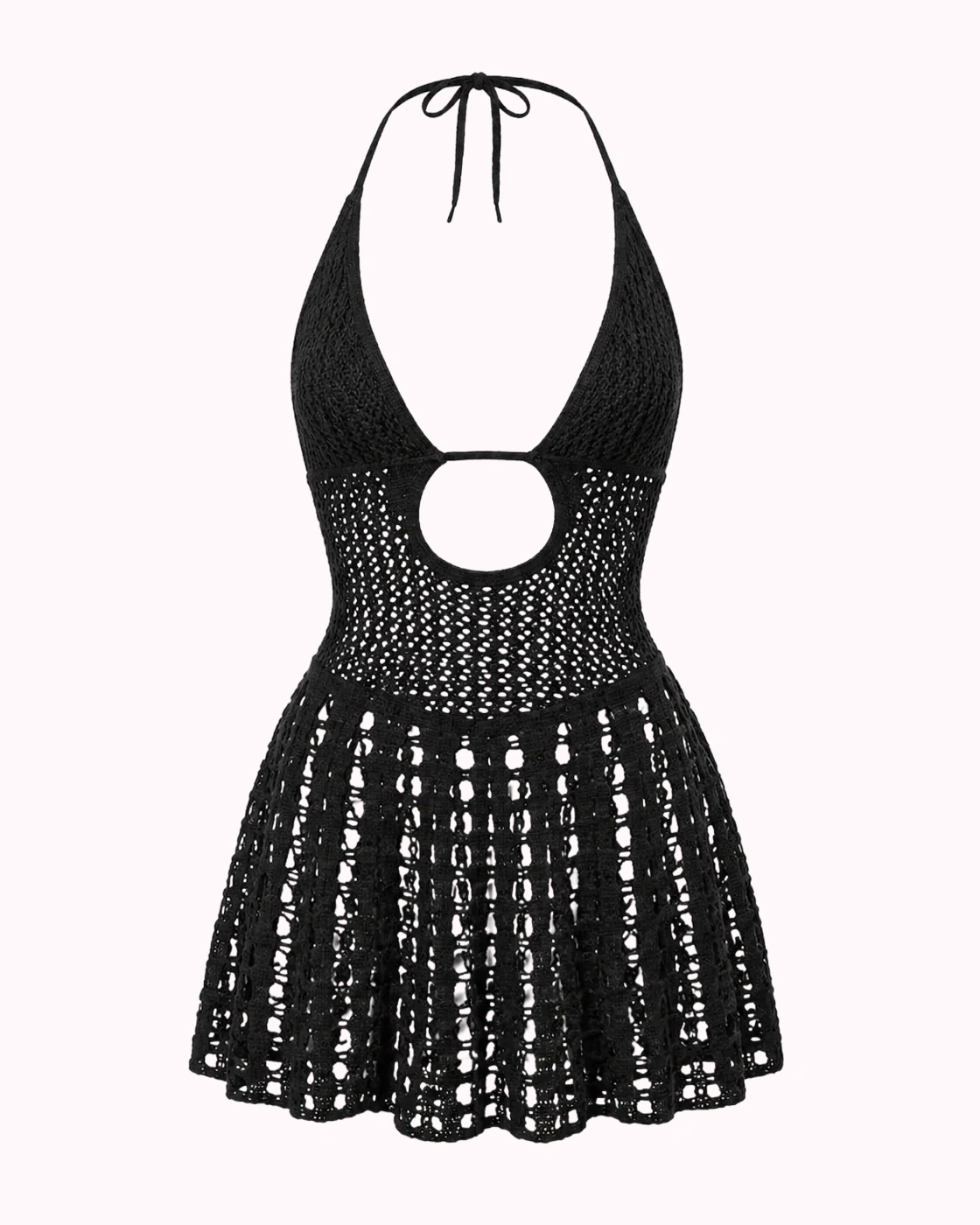 Black Open Knit Halter Mini Dress