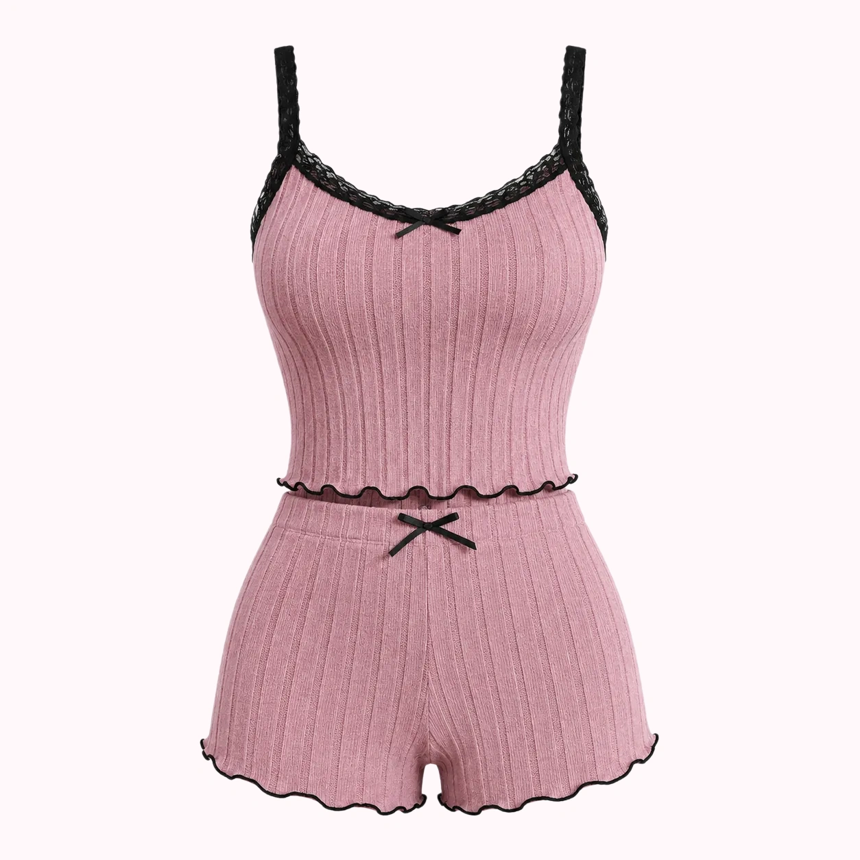 Pink Ribbed Cami Short Set